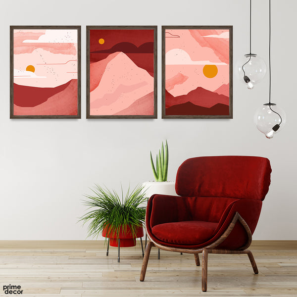 Abstract Red & Beige Design With Golden Sun (3 Panel) Abstract Wall Art