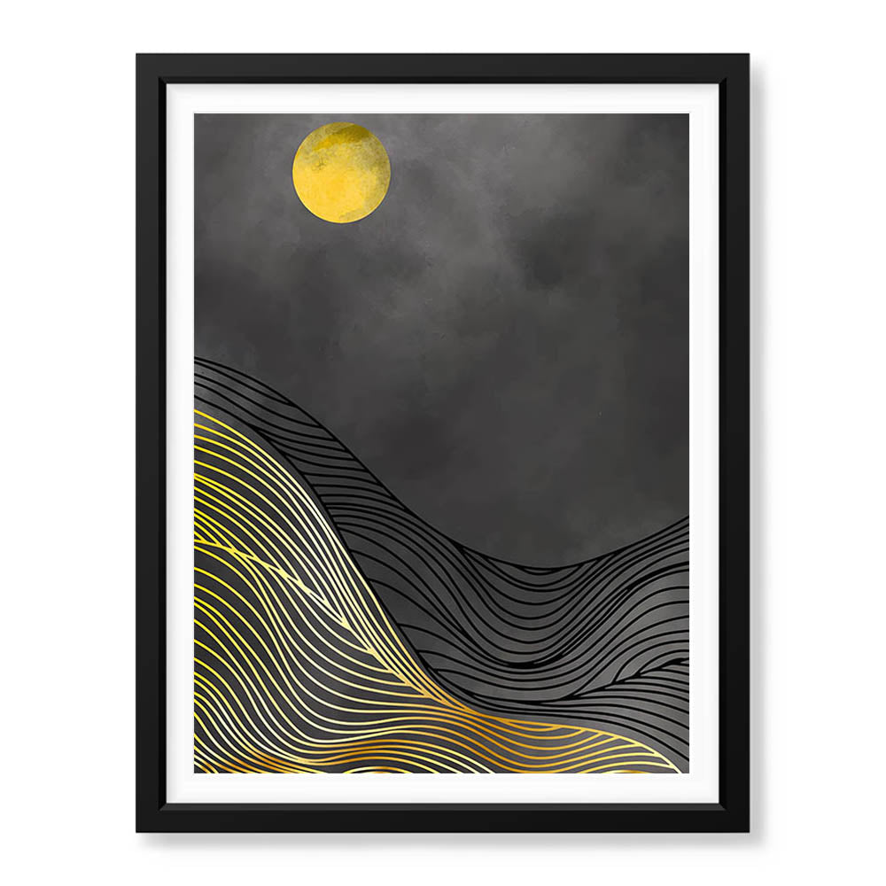 Black & Gold Line Waves With Golden Moon | Abstract Office Artwork #0042 - Prime Décor