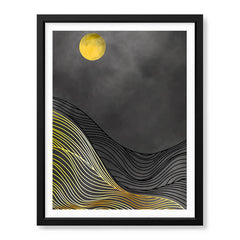 Black & Gold Line Waves With Golden Moon | Abstract Office Artwork #0042 - Prime Décor