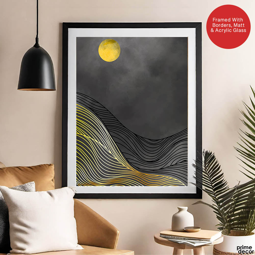 Black & Gold Line Waves With Golden Moon | Abstract Office Artwork #0042 - Prime Décor