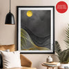 Black & Gold Line Waves With Golden Moon | Abstract Office Artwork #0042