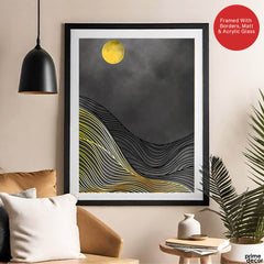 Black & Gold Line Waves With Golden Moon | Abstract Office Artwork #0042 - Prime Décor
