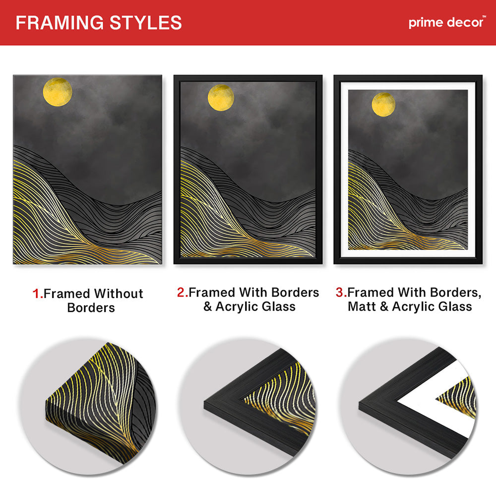 Black & Gold Line Waves With Golden Moon | Abstract Office Artwork #0042 - Prime Décor