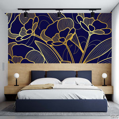 Deep Blue & Gold Gradient Linear Flowers | Floral Wallpaper Mural - Prime Décor