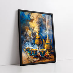 Arabian Coffee Set & Steaming Cups Still Life (Single Panel) Digital Painting Wall Art