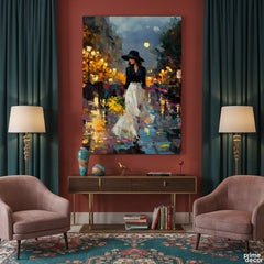 Lady in White Skirt Night Stroll Cityscape (Single Panel) Digital Painting Wall Art