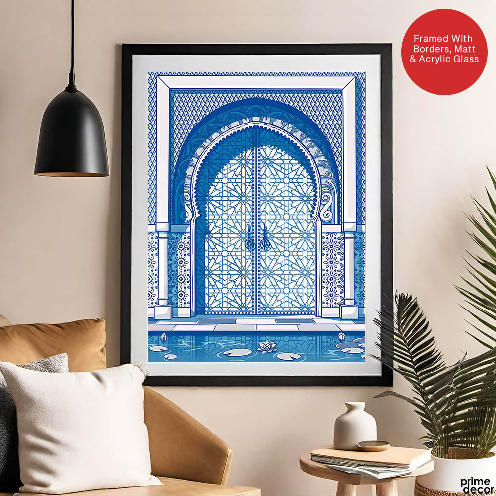 Blue & White Abstract Door Art Over White Background | Abstract Fashion Artwork #00432 - Prime Décor