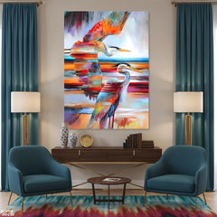 Stylized Majestic Heron Pair in Multi-Color Expressionism (Single Panel) Digital Painting Wall Art