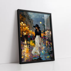 Lady in White Skirt Night Stroll Cityscape (Single Panel) Digital Painting Wall Art