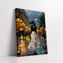 Lady in White Skirt Night Stroll Cityscape (Single Panel) Digital Painting Wall Art