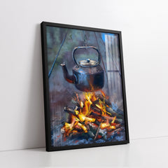 Rustic Campfire Kettle Impressionist Style Still Life (Single Panel) Digital Painting Wall Art