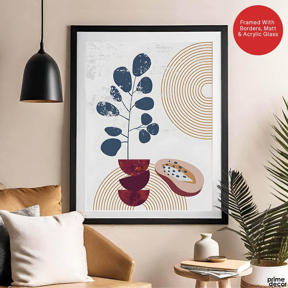 Black & Red Abstract Floral Design With Gold Lines Over White Background | Abstract Floral Artwork #00437 - Prime Décor