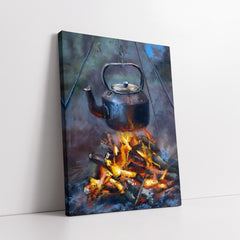 Rustic Campfire Kettle Impressionist Style Still Life (Single Panel) Digital Painting Wall Art