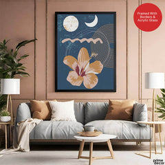Gold & Red Abstract Floral Design With Gold Lines Over Blue Background | Abstract Floral Artwork #00438 - Prime Décor