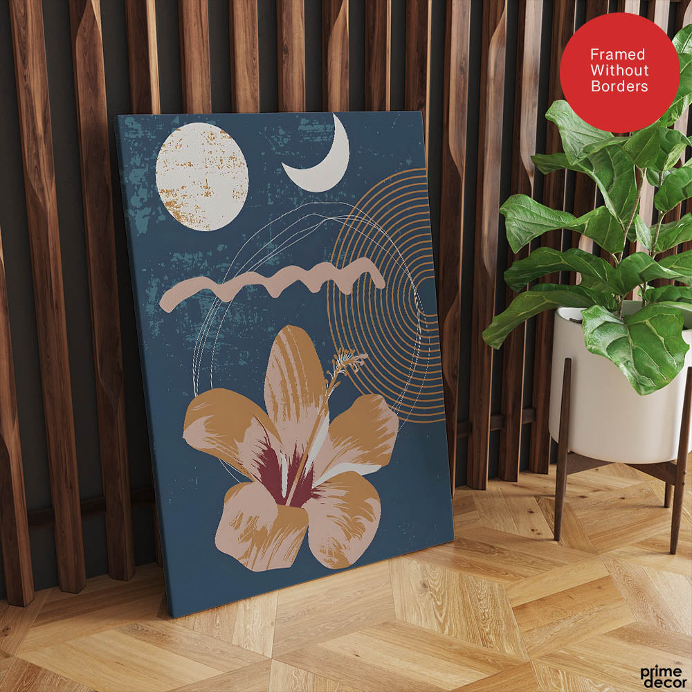 Gold & Red Abstract Floral Design With Gold Lines Over Blue Background | Abstract Floral Artwork #00438 - Prime Décor