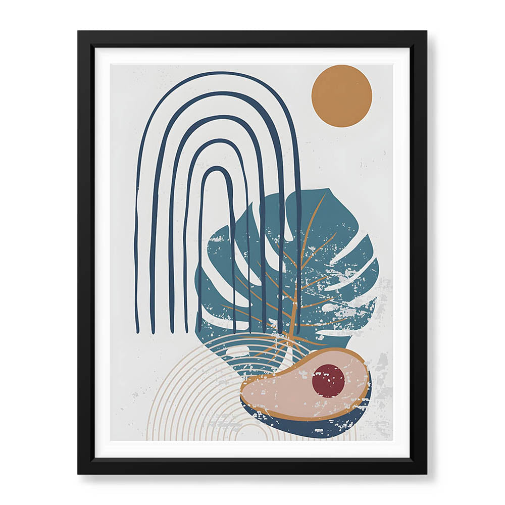 Blue & Green Abstract Floral Design With Brown Moon Over White Background | Abstract Floral Artwork #00439 - Prime Décor