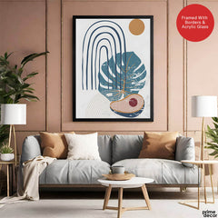 Blue & Green Abstract Floral Design With Brown Moon Over White Background | Abstract Floral Artwork #00439 - Prime Décor