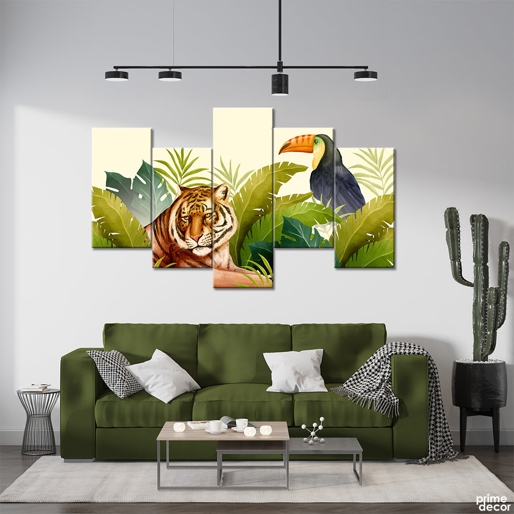 Toucan & Tiger In Exotic Tropical Leaves (5 Panel) Nature Wall Art - Prime Décor