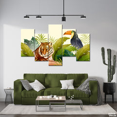Toucan & Tiger In Exotic Tropical Leaves (5 Panel) Nature Wall Art - Prime Décor