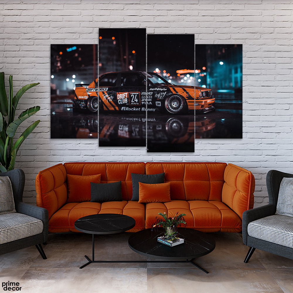 Racing Car In A Rainy Night (4 Panel) Car Wall Art - Prime Décor