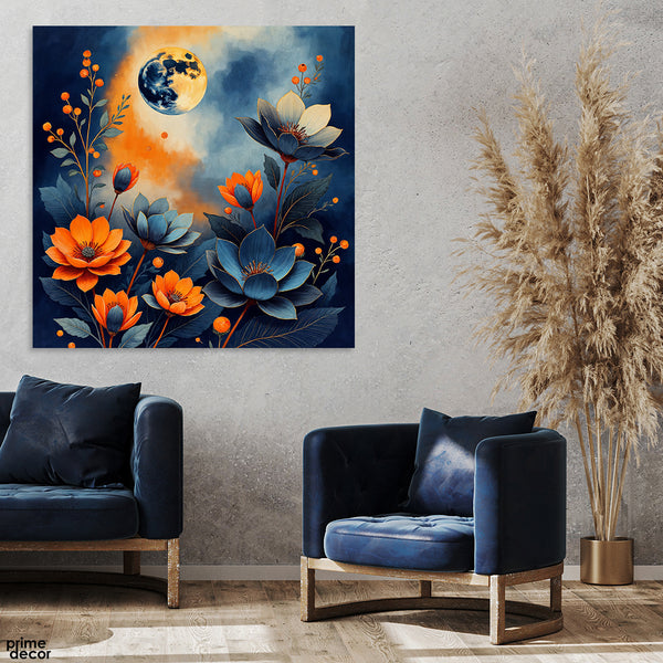 Beautiful Orange & Blue Flowers In Moon Light (Single Panel) Nature Square Wall Art
