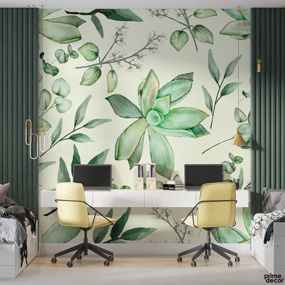 Dusty Green Watercolor Flowers And Leaves | Floral Wallpaper Mural - Prime Décor