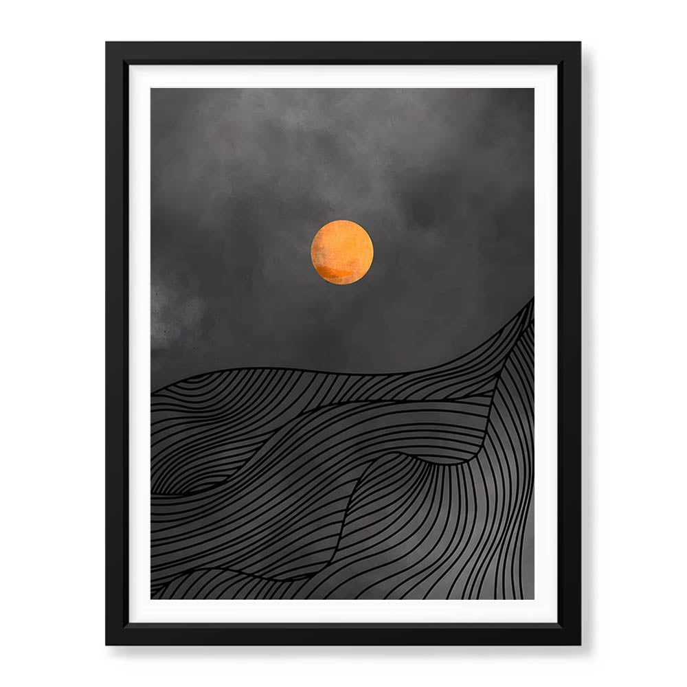 Black & Gold Line Waves With Orange Moon | Abstract Office Artwork #0043 - Prime Décor