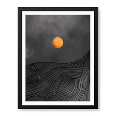 Black & Gold Line Waves With Orange Moon | Abstract Office Artwork #0043 - Prime Décor