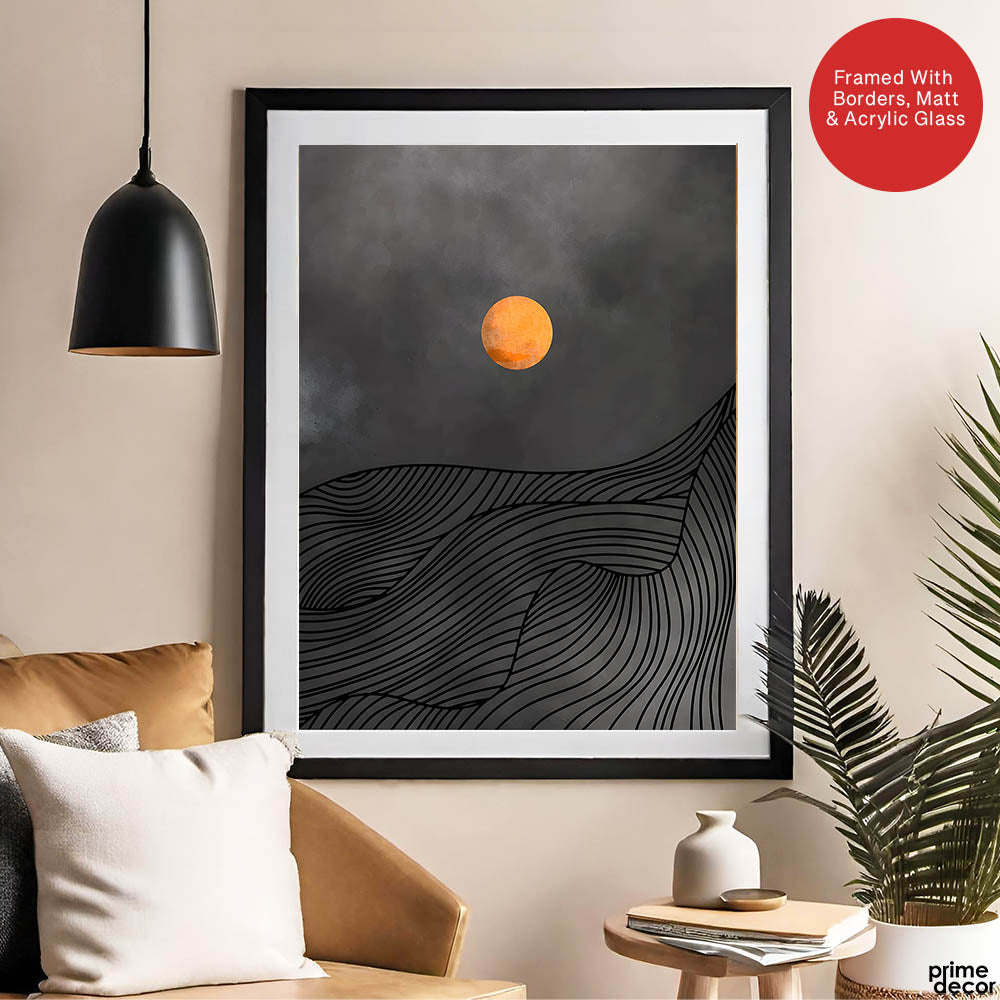 Black & Gold Line Waves With Orange Moon | Abstract Office Artwork #0043 - Prime Décor
