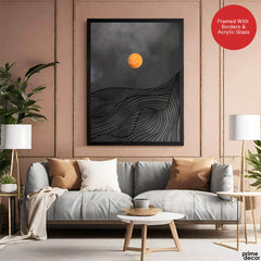 Black & Gold Line Waves With Orange Moon | Abstract Office Artwork #0043 - Prime Décor