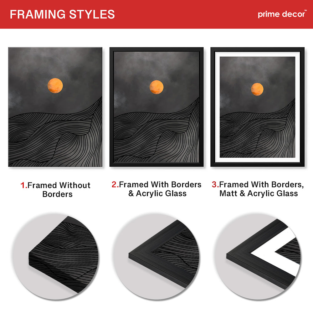 Black & Gold Line Waves With Orange Moon | Abstract Office Artwork #0043 - Prime Décor