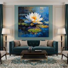 Serene Pond Lily with Teal Water Palette Knife Style (Single Panel) Digital Painting Wall Art