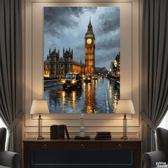 Contemporary Impressionist London In Rain Cityscape (Single Panel) Digital Painting Wall Art