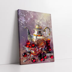 Elegant Silver Teapot and Ruby Red Tea (Single Panel) Digital Painting Wall Art