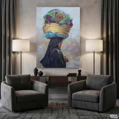 Woman in Hijab with Harvest Basket Culture and Heritage (Single Panel) Digital Painting Wall Art