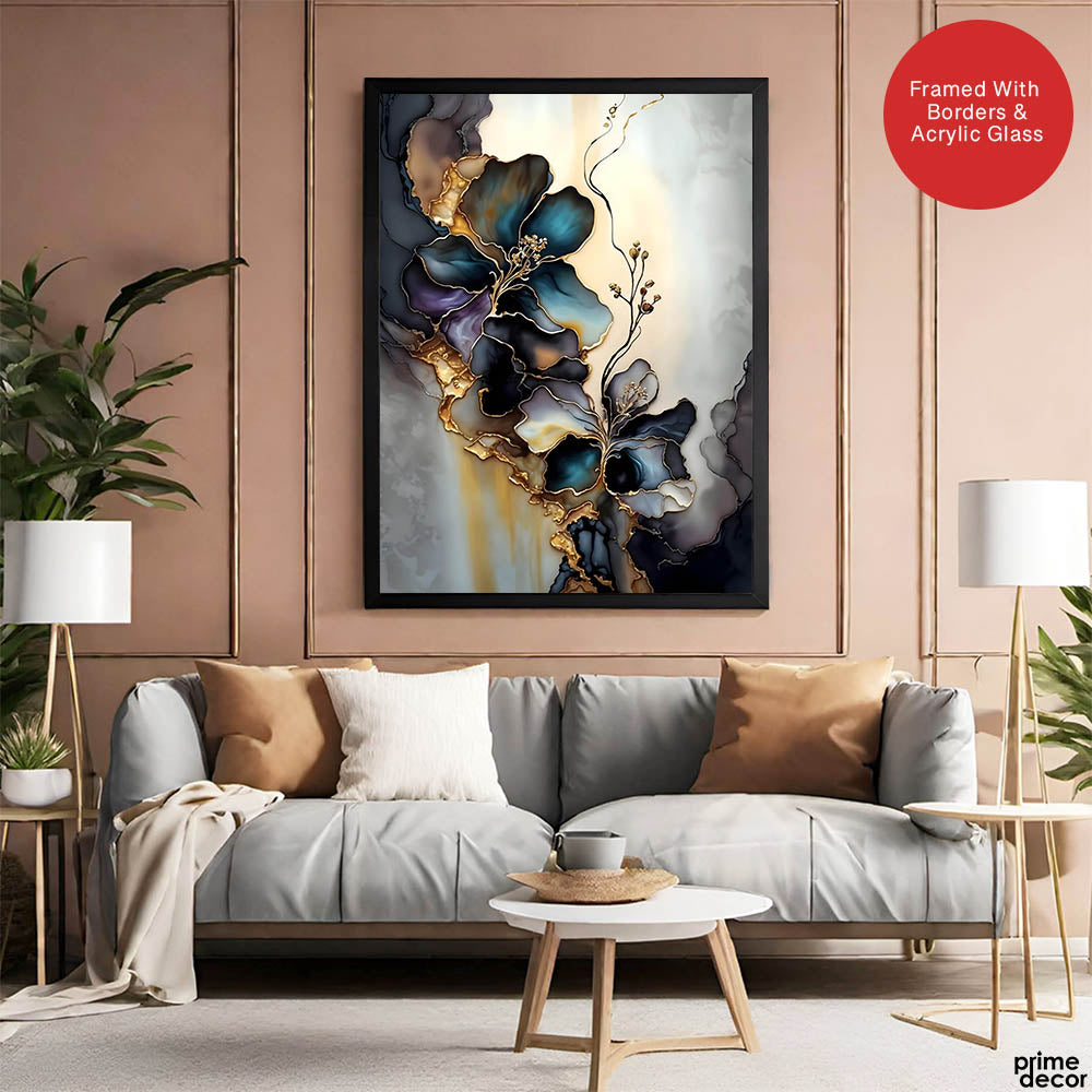 Blue & Green Abstract Floral Art Over Grey Background | Abstract Floral Artwork #00449 - Prime Décor