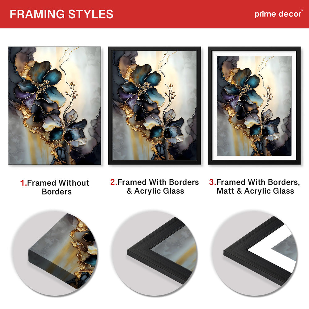 Blue & Green Abstract Floral Art Over Grey Background | Abstract Floral Artwork #00449 - Prime Décor