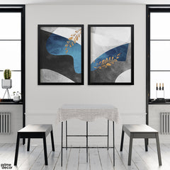 Blue & Charcoal Abstract Peaks with Gold Fern (2 Panel) Modern Wall Art