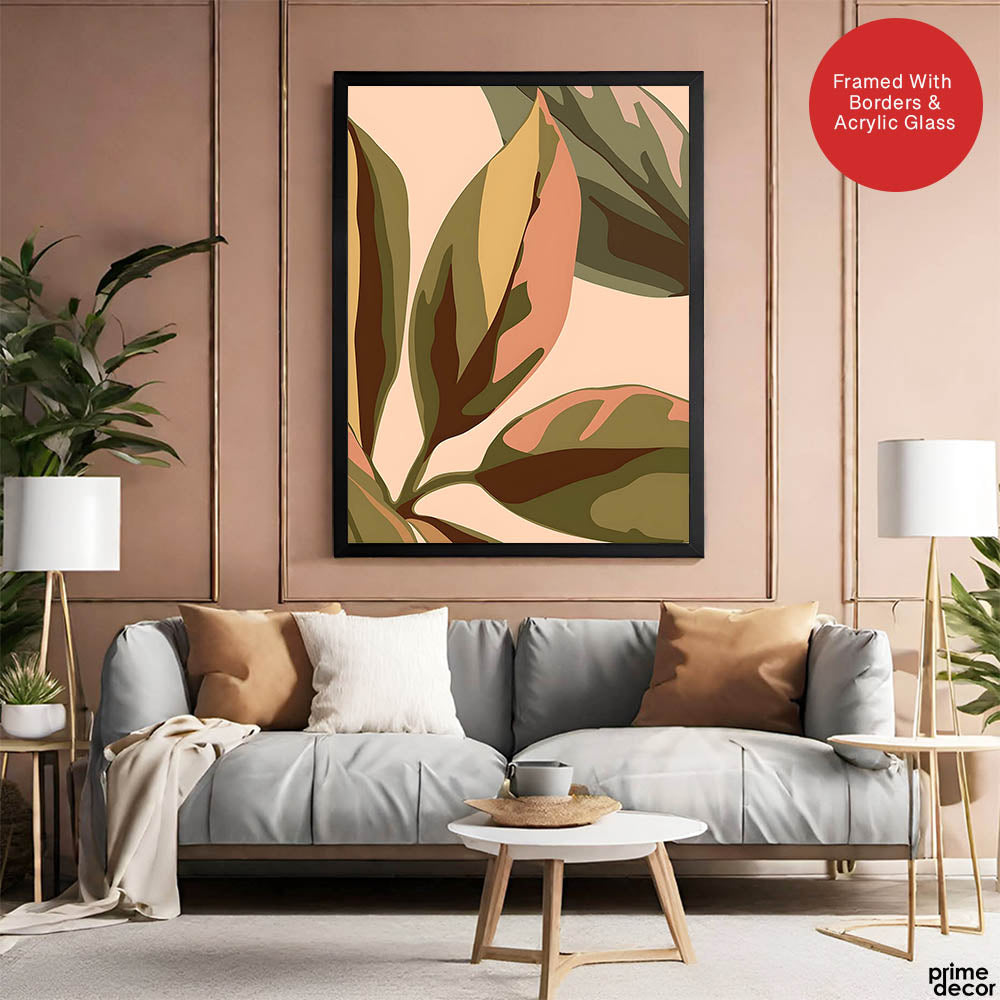 PaleCopper & Green Exotic Leaves On Beige Background | Abstract Floral Artwork #0044 - Prime Décor