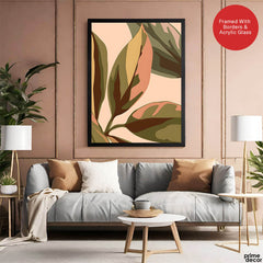 PaleCopper & Green Exotic Leaves On Beige Background | Abstract Floral Artwork #0044 - Prime Décor