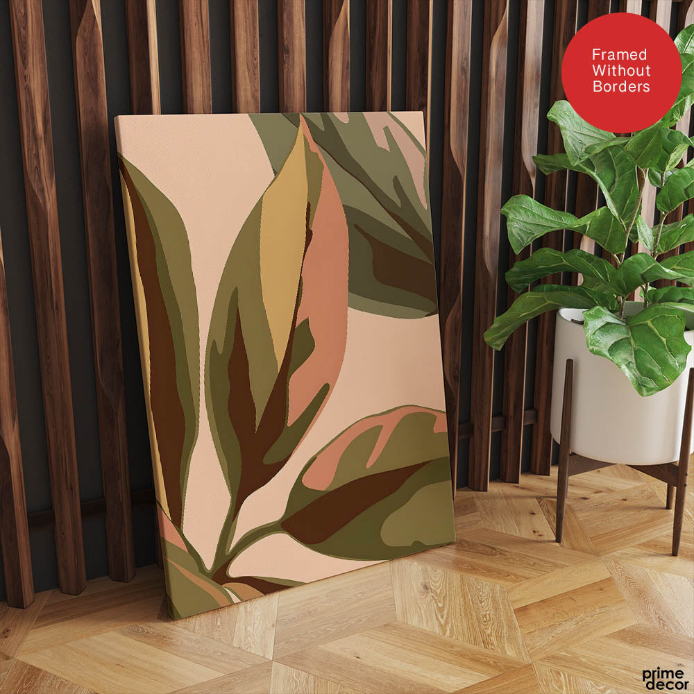 PaleCopper & Green Exotic Leaves On Beige Background | Abstract Floral Artwork #0044 - Prime Décor