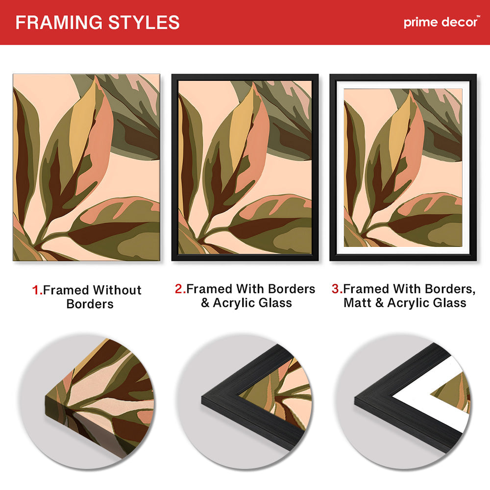 PaleCopper & Green Exotic Leaves On Beige Background | Abstract Floral Artwork #0044 - Prime Décor