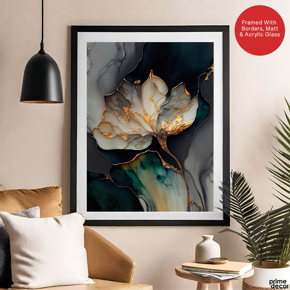Beautiful White Abstract Floral Art Over Blue & Green Background | Abstract Floral Artwork #00450 - Prime Décor