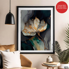 Beautiful White Abstract Floral Art Over Blue & Green Background | Abstract Floral Artwork #00450 - Prime Décor