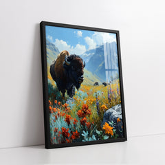 Majestic American Bison in Wildflower Meadow (Single Panel) Digital Painting Wall Art
