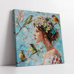 Whimsical Woman with Songbirds and Floral Crown (Single Panel) Digital Painting Wall Art