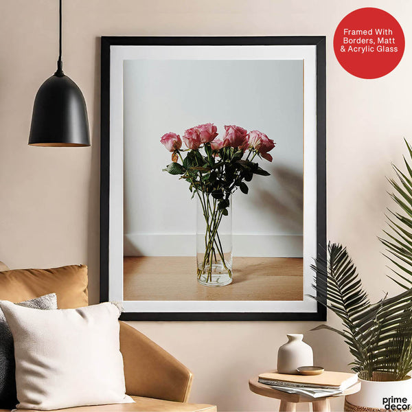 Beautiful Pink Flowers In A Vase Over White Background | Abstract Floral Artwork #00453 - Prime Décor