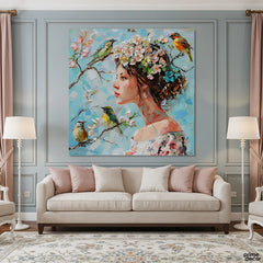 Whimsical Woman with Songbirds and Floral Crown (Single Panel) Digital Painting Wall Art