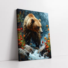 Majestic Grizzly Bear in Rushing River Impasto Style (Single Panel) Digital Painting Wall Art