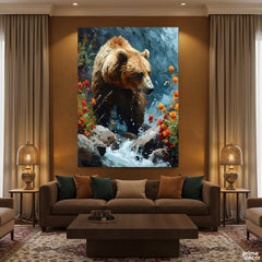 Majestic Grizzly Bear in Rushing River Impasto Style (Single Panel) Digital Painting Wall Art